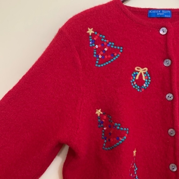 Karen Scott Sport Red Christmas Wool Thick Knit Embroidered Sequin Cardigan M/L - Picture 10 of 16